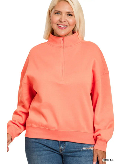 Plus size 1/4 Zip Pullover Sweatshirt Coral