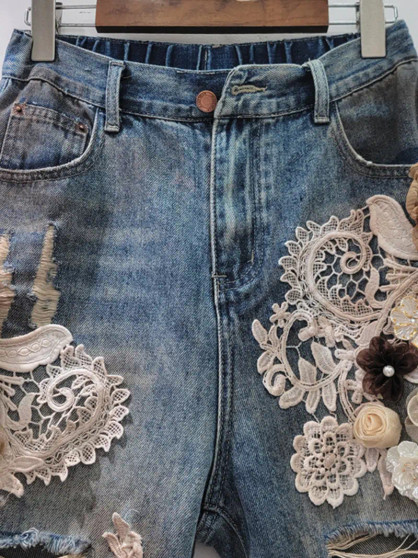 ARRIVING SOON Denim Jean Shorts Boho Embellished With Lace