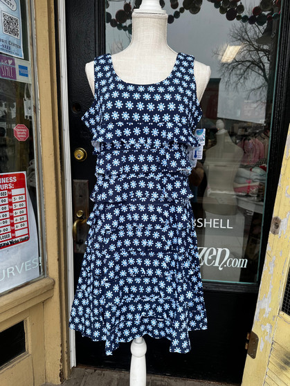 LuLu B Beachtime Cha Cha Ruffle Sleeveless Dress UPF 50 Blue Daisy