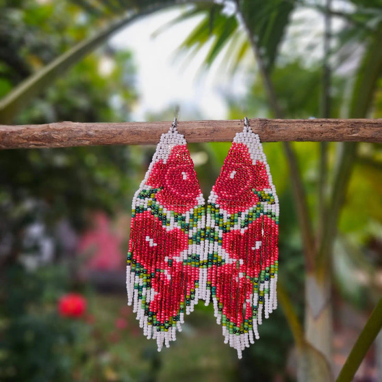 Beaded White Red Rose Earrings 