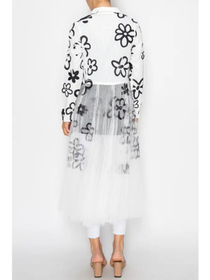 Origami Long Blazer Cardi White Lace Black Flower