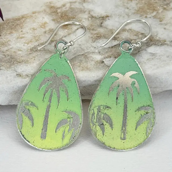 Palm Tree Etched Earrings Green