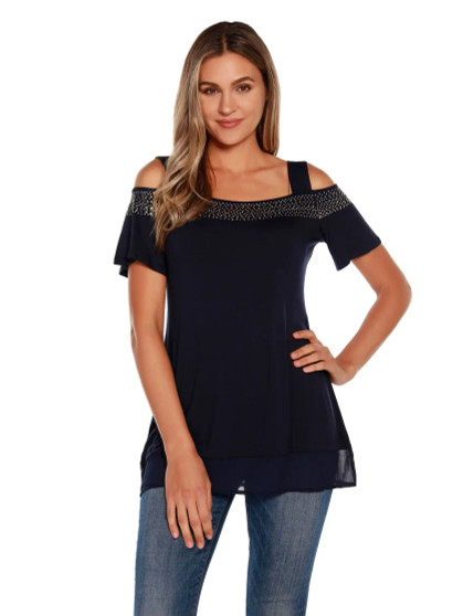 Belldini Cold Shoulder Studded Layered Top Black