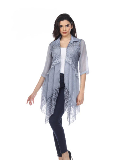 Kamana Semi Sheer Grey Blue Long Cardigan Jacket 3/4 Sleeve