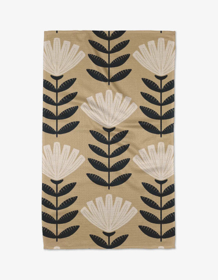 Geometry Kitchen Dish Microfiber Towel Black Stem Leaves Tan Flower