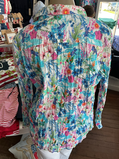 LuLu B Long Sleeve Crinkle Button Up Shirt Dragonfly Multi Color