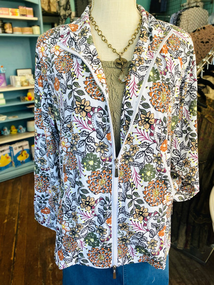 LuLu B Beachtime Jacket 2 Way Zip 2 zip Pockets Moisture Wicking Floral Neutrals