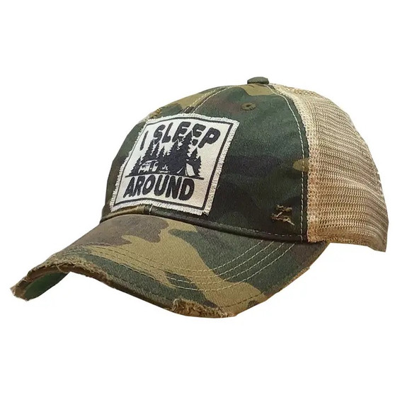 Baseball Trucker Cap, I Sleep Around Camping Camouflage Vintage 