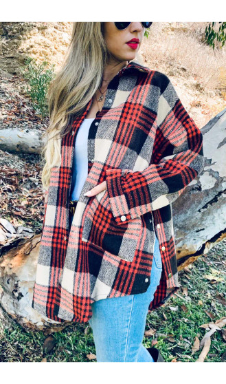 1 SMALLS LEFT Shacket, Plaid Side Snaps Rust Cream Black Brown Oversized