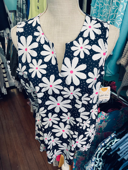 Top, MEDIUM & SMALL LEFT  Sleeveless Keyhole Navy Daisy Coolant Fabric LuLu B 