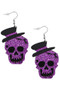 Earrings, Skull Halloween Purple Top Hat