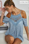 Top, Cold Shoulder Adjustable Strap CrochetEd Denim