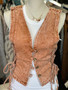 Top, Sleeveless Denim Jean Vest Lash Sides Acid Washed Rust Boho Washed 