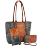 Tote Purse 3 Piece Set Brown Gradient Crocodile Embossed