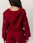 Sweatshirt Hooded Embroidery Cut Out Detail Full Zip Crimson Red