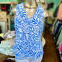 LuLu B V Neck Top UPF 50 Coolant Like Fabric Blue White Hibiscus 