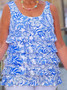 LuLu B Sleeveless Cha Cha Ruffle Top Coolant Type Fabric Hibiscus Blue White