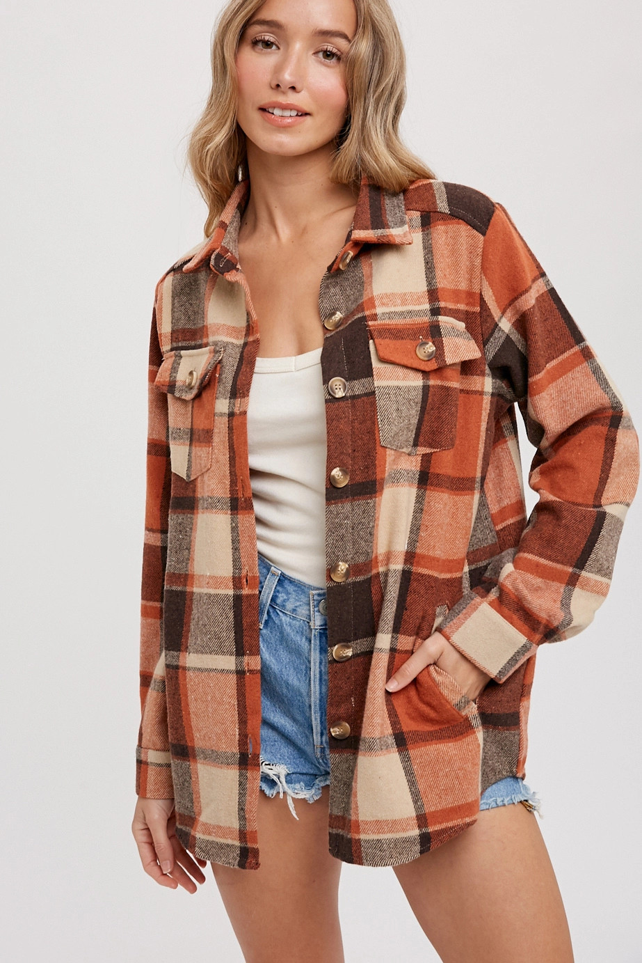 Shacket, Flannel Plaid Rust 4 Pocket - Go Brazen