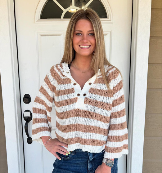 Eyelet stripe bell sleeve sweater