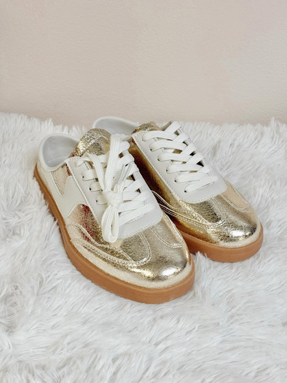 Gold swoosh slip on mules