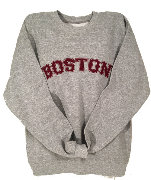 Boston crew neck sweatshirt in heather gray with maroon imprint