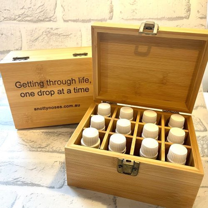 Neatly and securely store your essential oils in this attractive polished bamboo box. Holds 12 essential oils