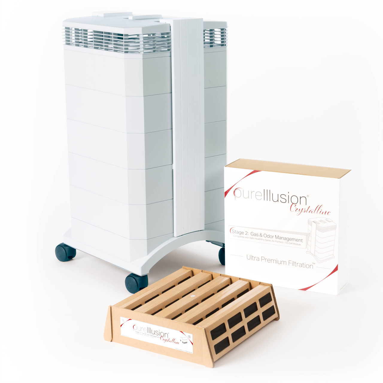 PureIllusion Crystalline Stage 2 Gas & Odor Management Filter for IQAir HealthPro Series Air Purifiers' V5-Cell Module - Perfect Fit for IQ Air Health Pro Plus V5 Cell Module - Upgrade HealthPro Standard to include V5Cell Filter with Crystalline.  Choose Pure Illusion Crystalline Filters .  Upgrade Health-Pro purifiers with Pure Illusion Crystalline F2 Carbon Filter for safe clean crisp scientifically tested air.  Stay safe from Dust Pollen Spores.  Never worry about Dander Pet Pets Cat Cats Dog Dogs.  We are all aware of the existence of Virus and Mold throughout the world.  Pure Illusion is Scientifically Tested to ensure your satisfaction.  Be aware of the need to reduce VOC VOCs MCS VOC VOCs Smell Smells Odor Odors Organic and Inorganic Formaldehyde
