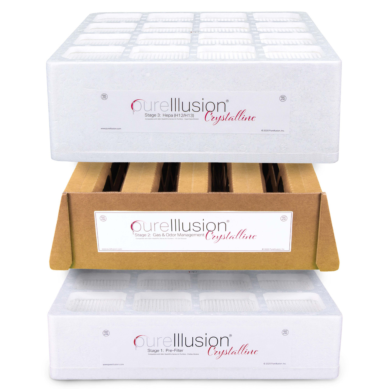 PureIllusion Crystalline Complete Filter Set for IQAir HealthPro series air purifiers.  Ultra Premium replacement Prefilter fits Premax Module.  Ultra Premium Gas & Odor Management Filter fits V5-Cell module.  Ultra Premium HEPA Filter fits HyperHEPA Module.