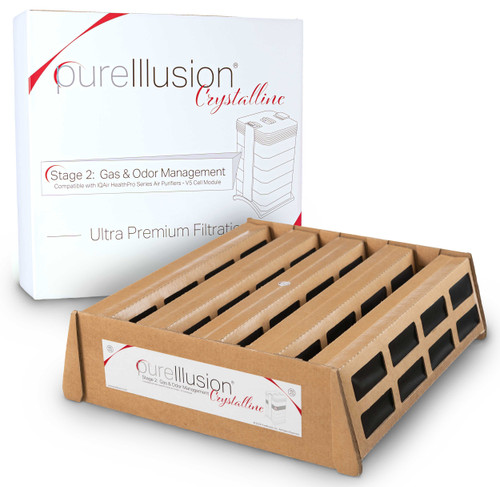 PureIllusion Crystalline Stage 2 Gas & Odor Management Filter for IQAir HealthPro Series Air Purifiers' V5-Cell Module - Perfect Fit for IQ Air Health Pro Plus V5 Cell Module - Upgrade HealthPro Standard to include V5Cell Filter with Crystalline.  Choose Pure Illusion Crystalline Filters .  Upgrade Health-Pro purifiers with Pure Illusion Crystalline F2 Carbon Filter for safe clean crisp scientifically tested air.  Stay safe from Dust Pollen Spores.  Never worry about Dander Pet Pets Cat Cats Dog Dogs.  We are all aware of the existence of Virus and Mold throughout the world.  Pure Illusion is Scientifically Tested to ensure your satisfaction.  Be aware of the need to reduce VOC VOCs MCS VOC VOCs Smell Smells Odor Odors Organic and Inorganic Formaldehyde