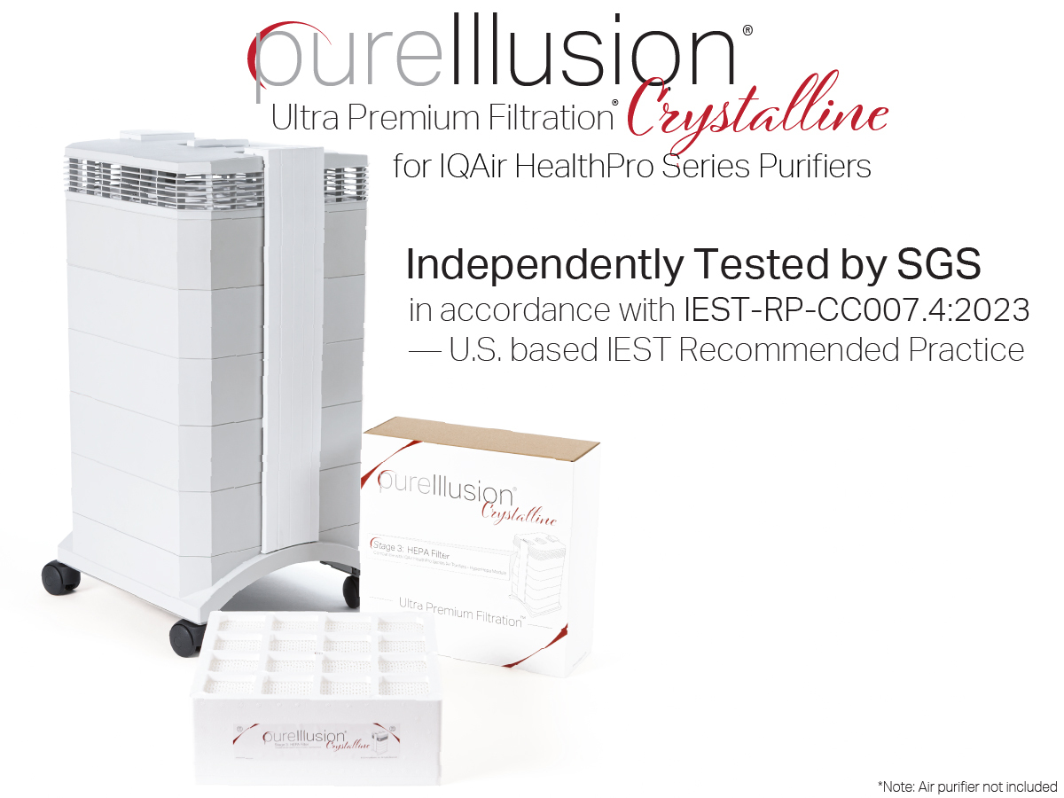 Independently tested PureIllusion Crystalline HEPA Filter for IQAir HealthPro series purifiers, verified performance and compatibility.