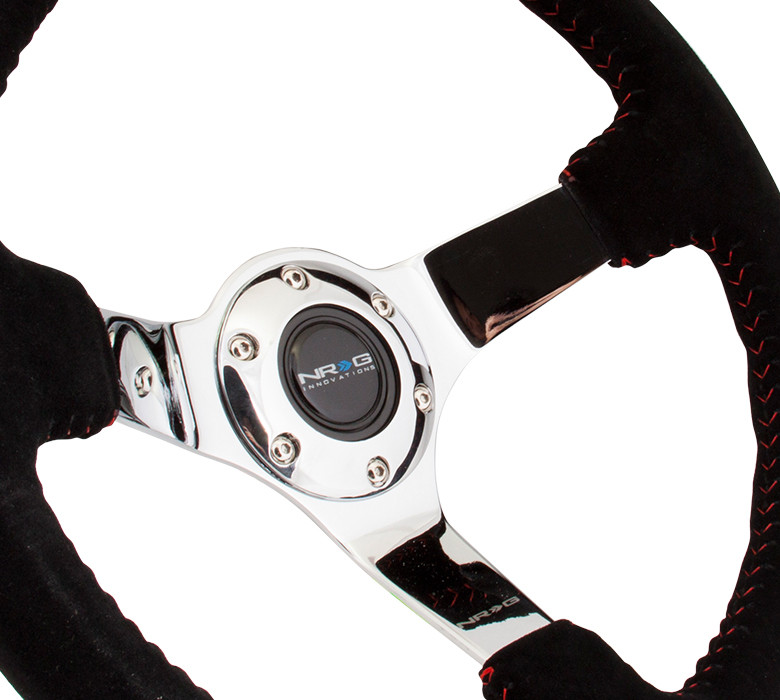 NRG Sport Steering Wheel (350mm / 1.5in Deep) Black Suede/Black Stitch w/Matte Black Solid Spokes