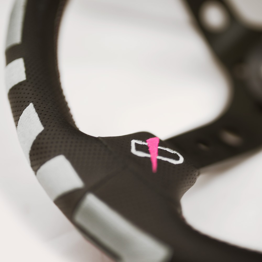 Vertex 1996 350mm Black Leather Pink and White Stitch Steering