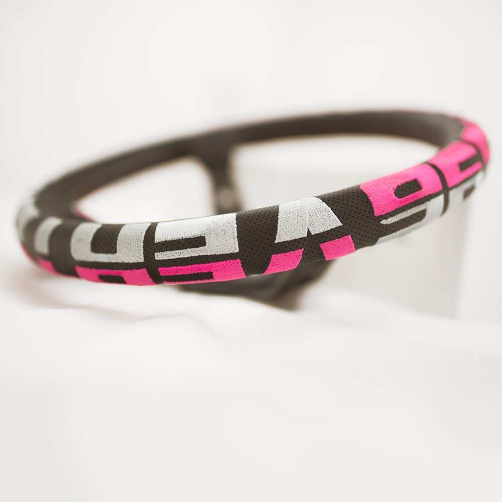 Vertex 1996 350mm Black Leather Pink and White Stitch Steering