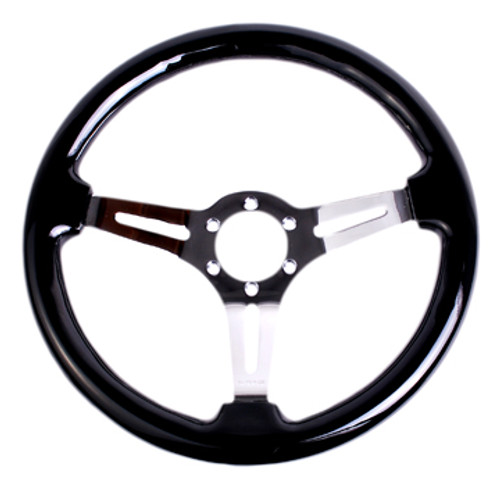 ST-025-BK Classic Wood Grain Wheel, 350mm, 3 spoke center in black, Leather wheel with wood accents