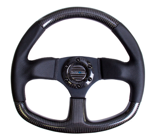 NRG 320mm Flat Bottom Carbon Fiber with Black Leather Black Stitch Steering Wheel 