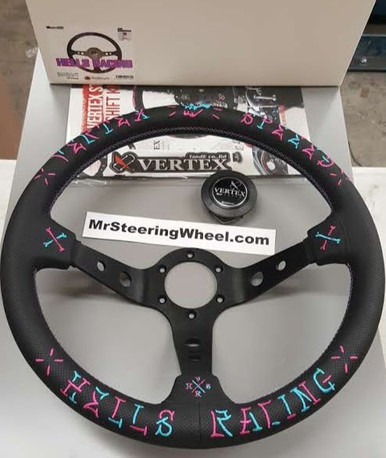 Vertex SPEED 350mm Black Leather Blue and Pink Stitch Steering Wheel