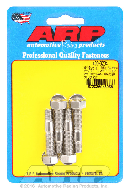 ARP Fastner 5 16-24 X 1.750 SS hex water pump pulley w .500 fan spacer stud kit 400-3204