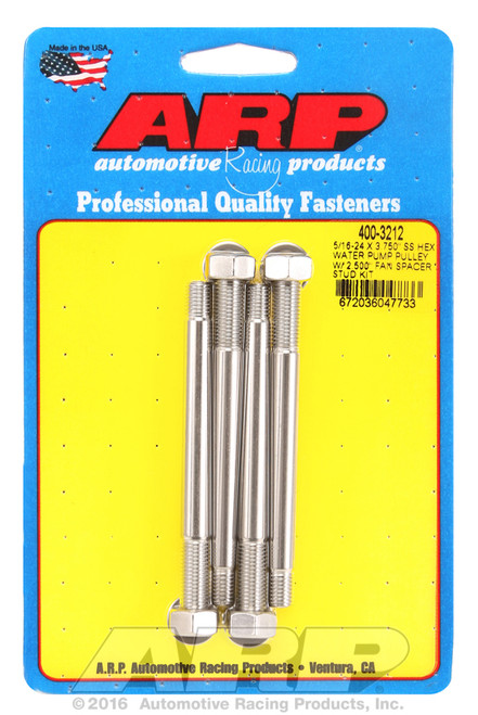 ARP Fastner 5 16-24 X 3.750 SS hex water pump pulley w 2.500 fan spacer stud kit 400-3212