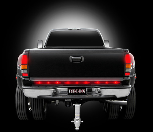 Recon Lighting 15Inch Mini Tailgate Light Bar w Red LED Running Lights Brake Lights and Turn Signals with Red Lens Only Fits FORD and CHEVYGMC Turbo Diesel and Heavy Duty Trucks 26418RD