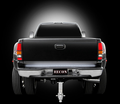 Recon Lighting 15Inch Mini Tailgate Light Bar w Red LED Running Lights Brake Lights and Turn Signals with Smoked Lens with White LED Reverse Lights FordChevyGMC HD Diesel 26418BKW