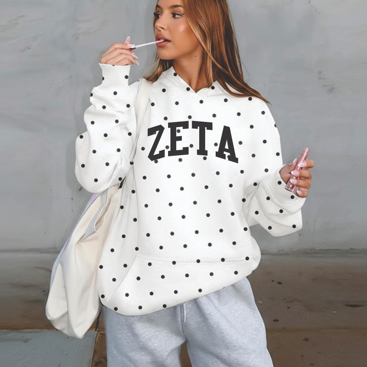 Zeta Tau Alpha Oversized Polka Dot Drop Shoulder Hoodie Sweatshirt