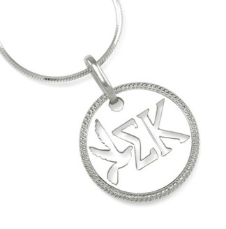 Sigma Kappa Sterling Silver Circular Pendant with Cut-out Dove and Letters