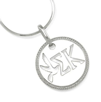 TCS Sigma Kappa Sterling Silver Circular Pendant with Cut-out Dove and Letters 