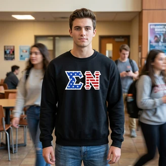 DISCOUNT-Sigma Nu Greek Letter American Flag Crewneck