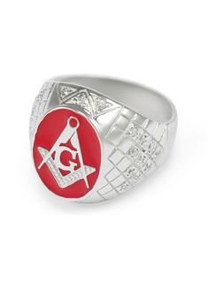Sterling Silver Mason / Freemason Ring With Coral Red Enamel And Czs