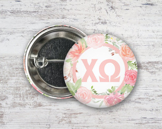ChiO Chi Omega Pretty In Pink Floral  Greek Pinback Sorority  Button
