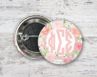 PhiSig Phi Sigma Sigma Pretty In Pink Floral  Greek Pinback Sorority  Button