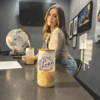 Alpha Xi Delta Polka Dot Frosted Glass Can With Bamboo Lid and Straw, 16oz