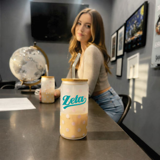 Zeta Tau Alpha Polka Dot Frosted Glass Can With Bamboo Lid and Straw, 16oz