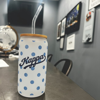 Kappa Kappa Gamma Polka Dot Frosted Glass Can With Bamboo Lid and Straw, 16oz